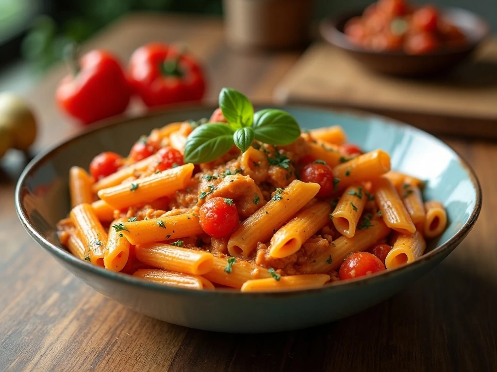 Spicy chicken rigatoni with tomato cream sauce in a serving bowl