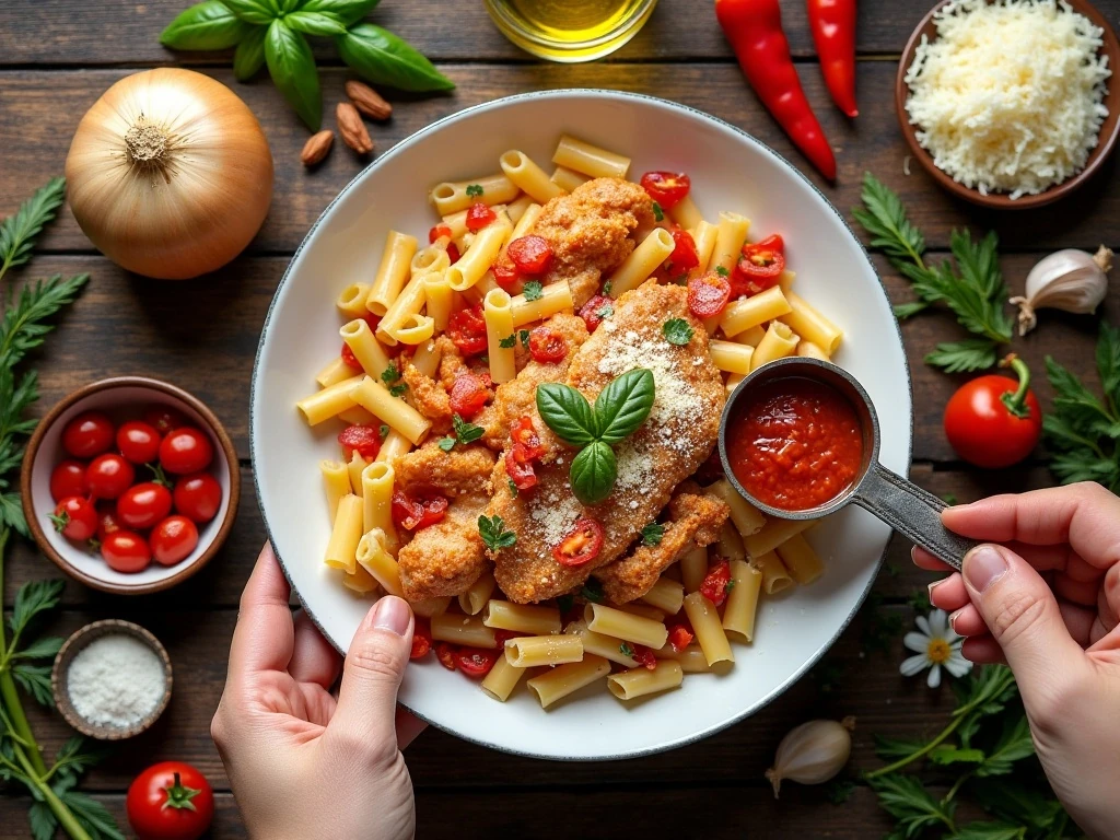 Ingredients for spicy chicken riggies with tomato cream sauce