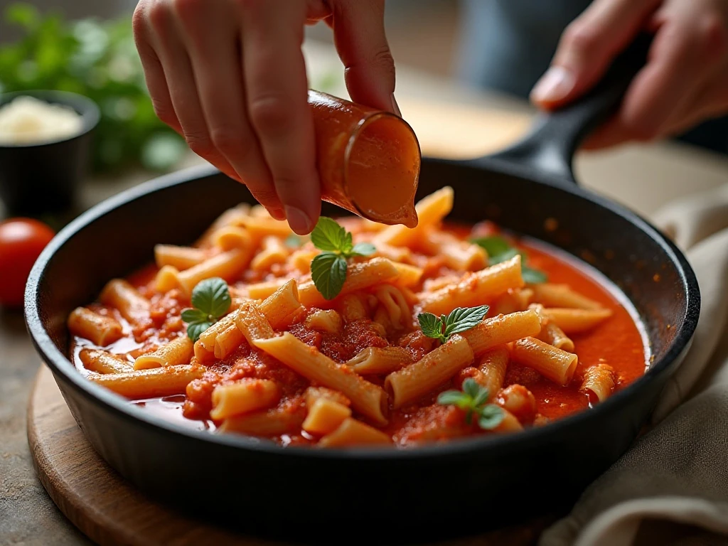 Tomato cream sauce coating rigatoni in a skillet