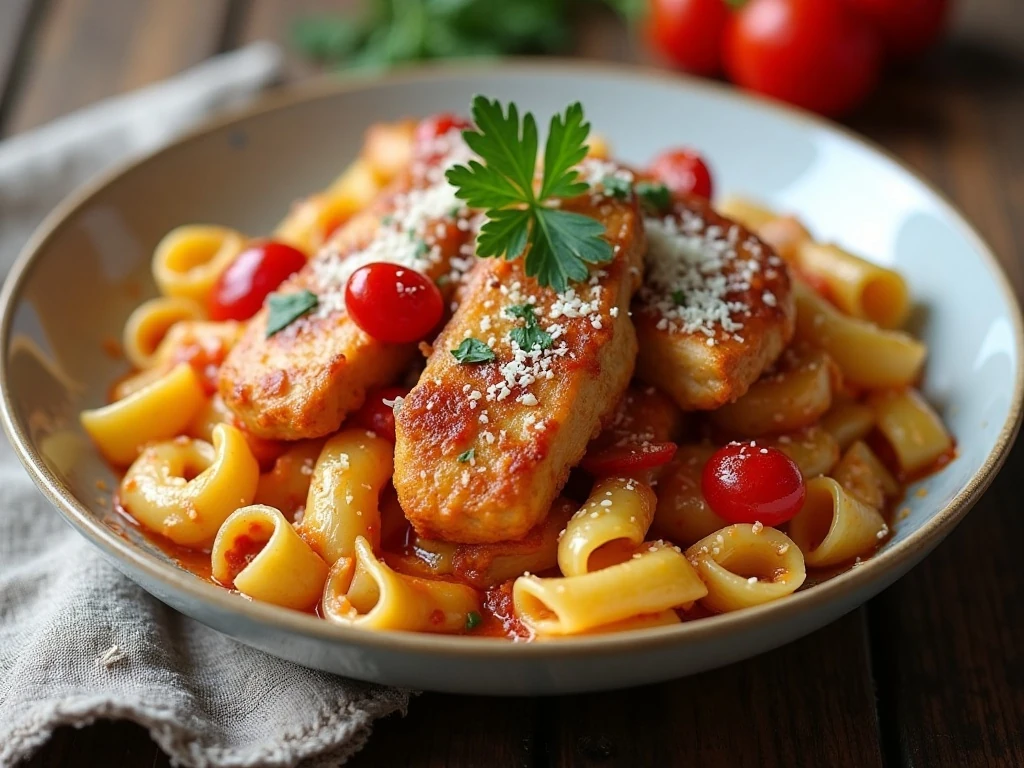 Finished spicy chicken riggies dinner with creamy tomato sauce