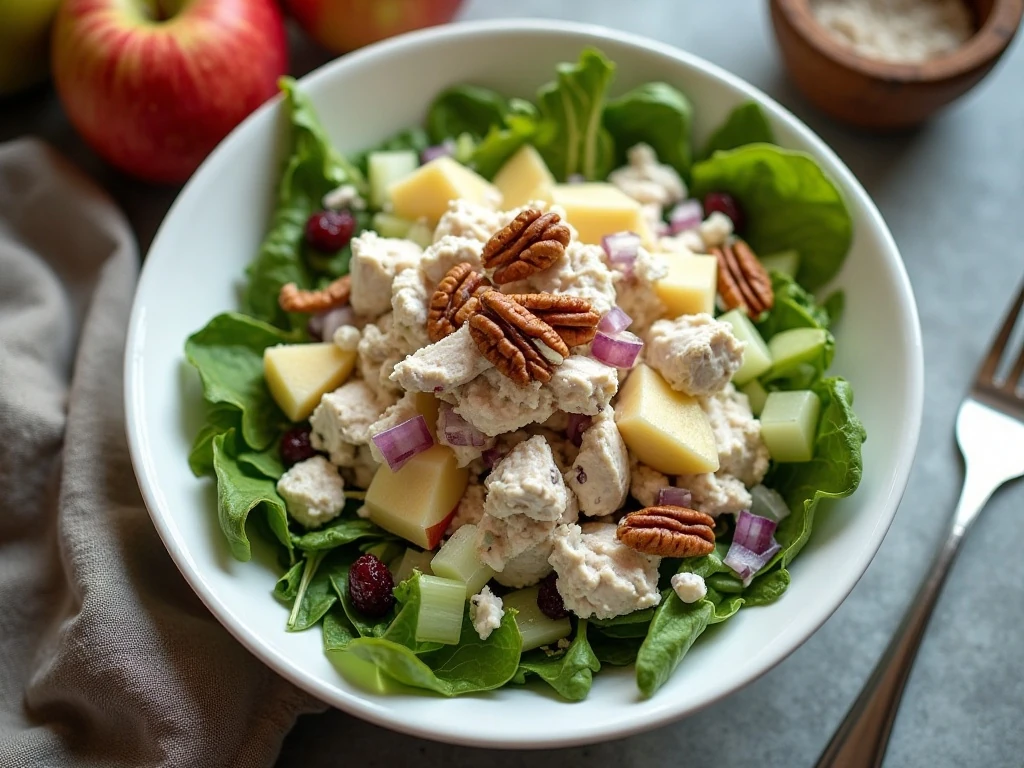 Chicken salad with apples and pecans served over fresh greens