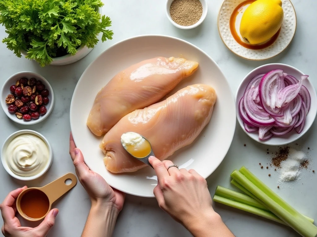 Ingredients for chicken salad with apples and pecans