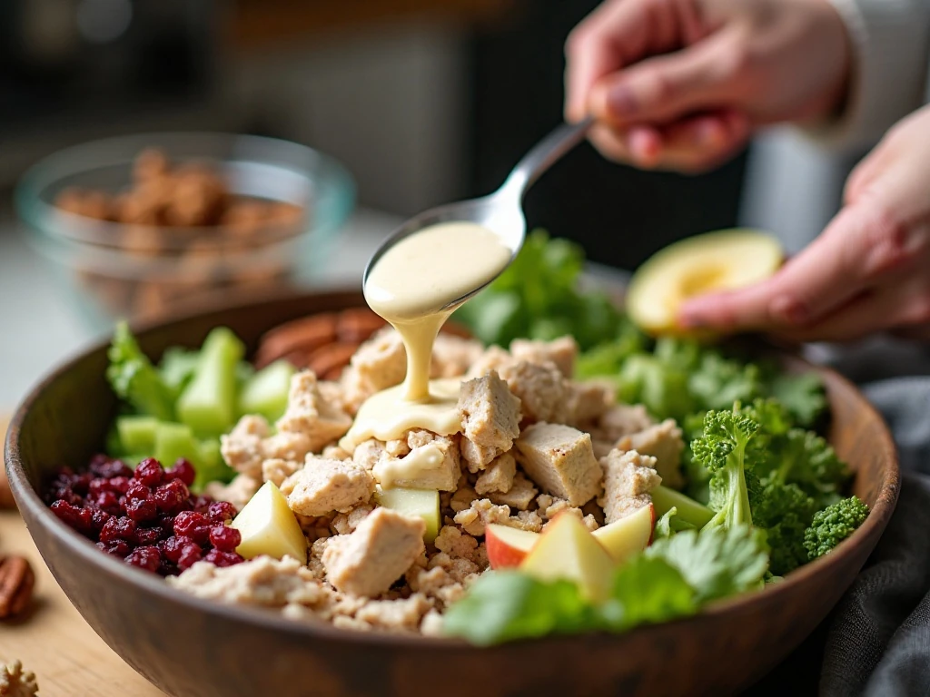 Folding dressing into homemade chicken salad ingredients