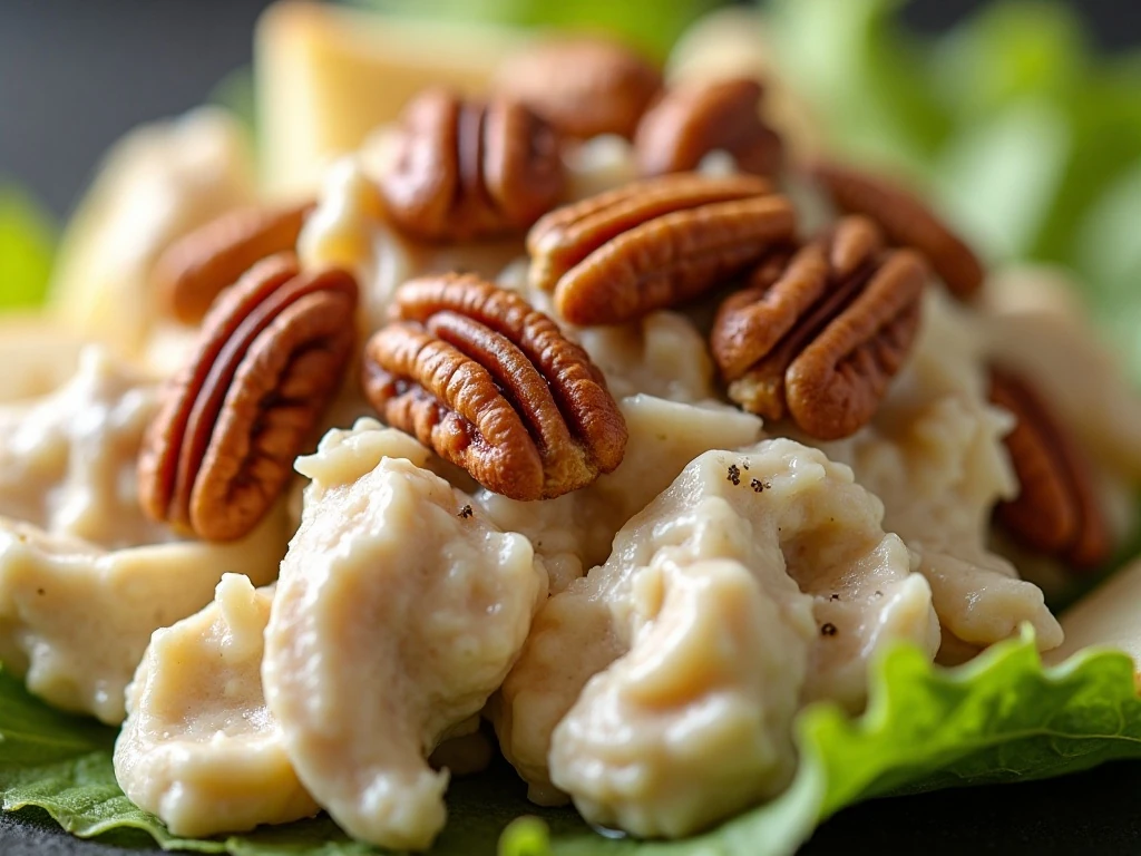 Toasted pecans and apple garnish on chicken salad
