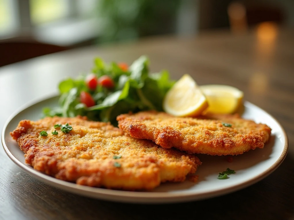 Golden crispy chicken schnitzel served with lemon wedges and salad