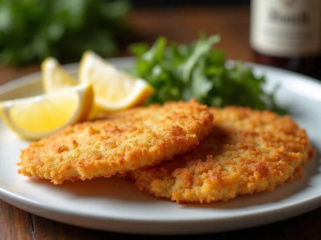 Golden crispy chicken schnitzel served with lemon wedges and salad