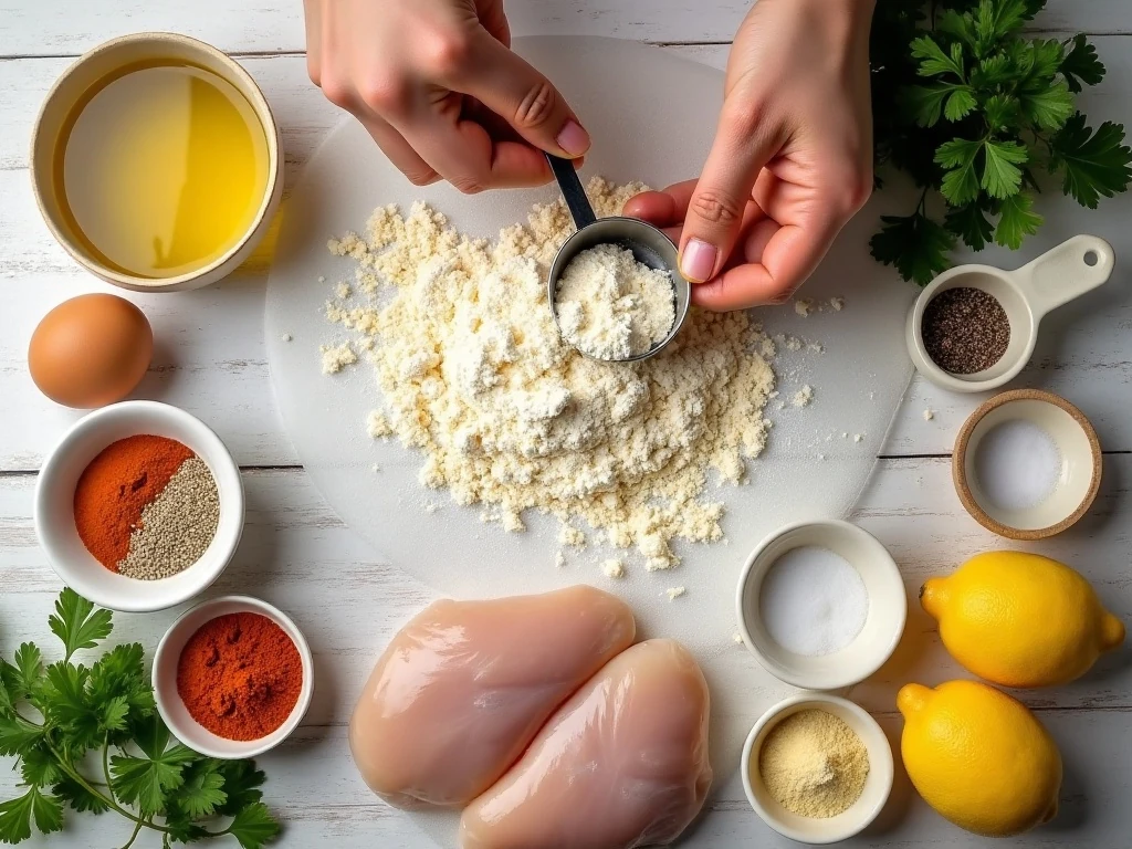 Ingredients for homemade chicken schnitzel arranged for preparation