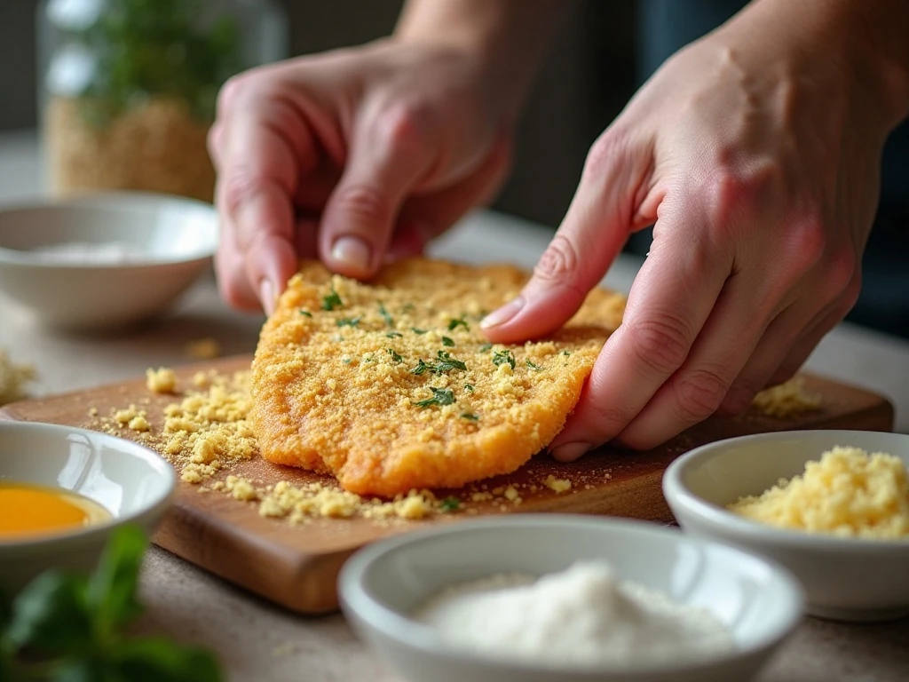 Chicken cutlet being coated in panko breadcrumbs for schnitzel