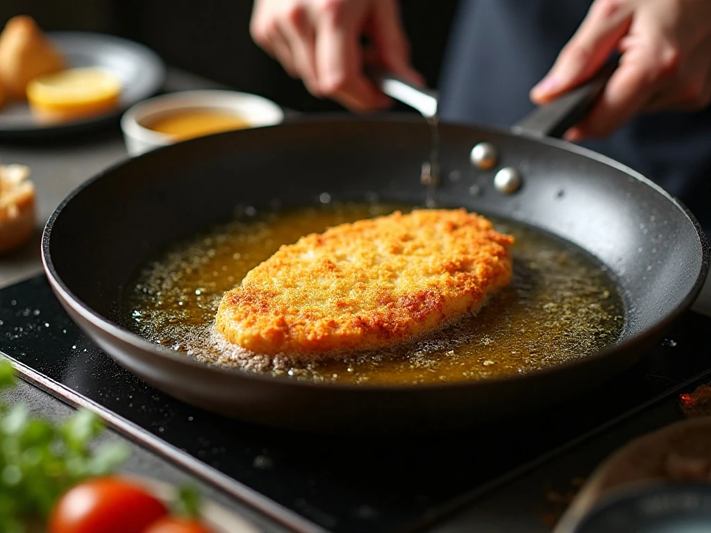 Chicken schnitzel shallow-frying in hot oil until golden and crisp