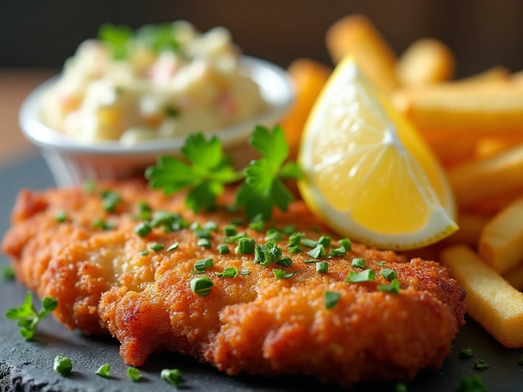 Chicken schnitzel garnished with parsley and lemon beside side dishes