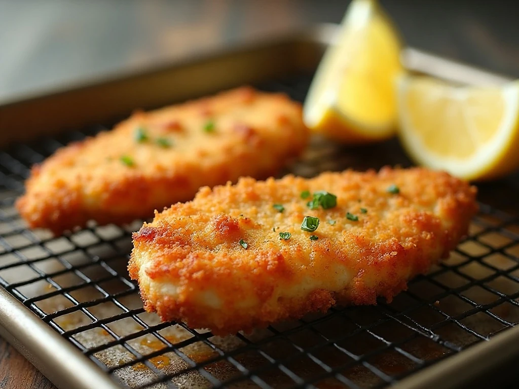 Crispy chicken schnitzel ready to serve after reheating