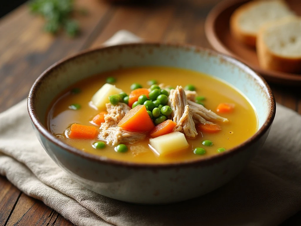 Comforting chicken soup with potatoes served for dinner