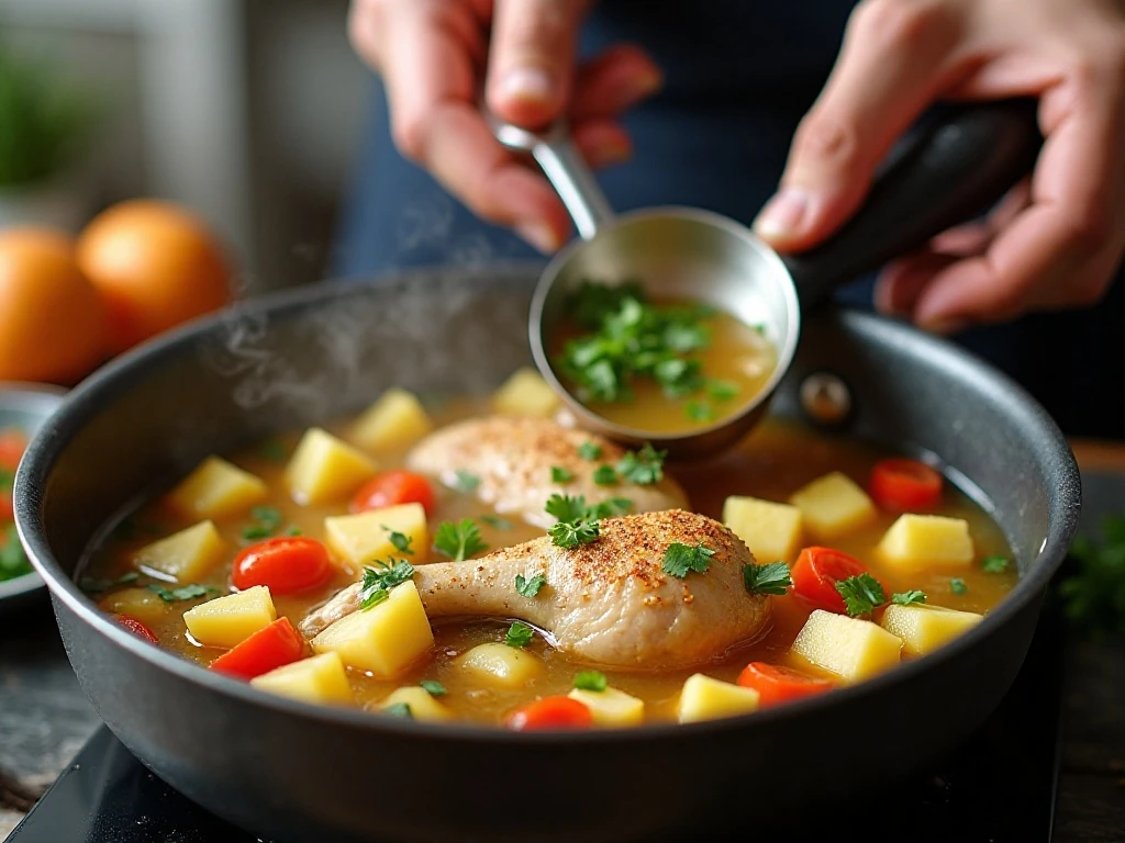 Chicken and potatoes simmering in soup broth