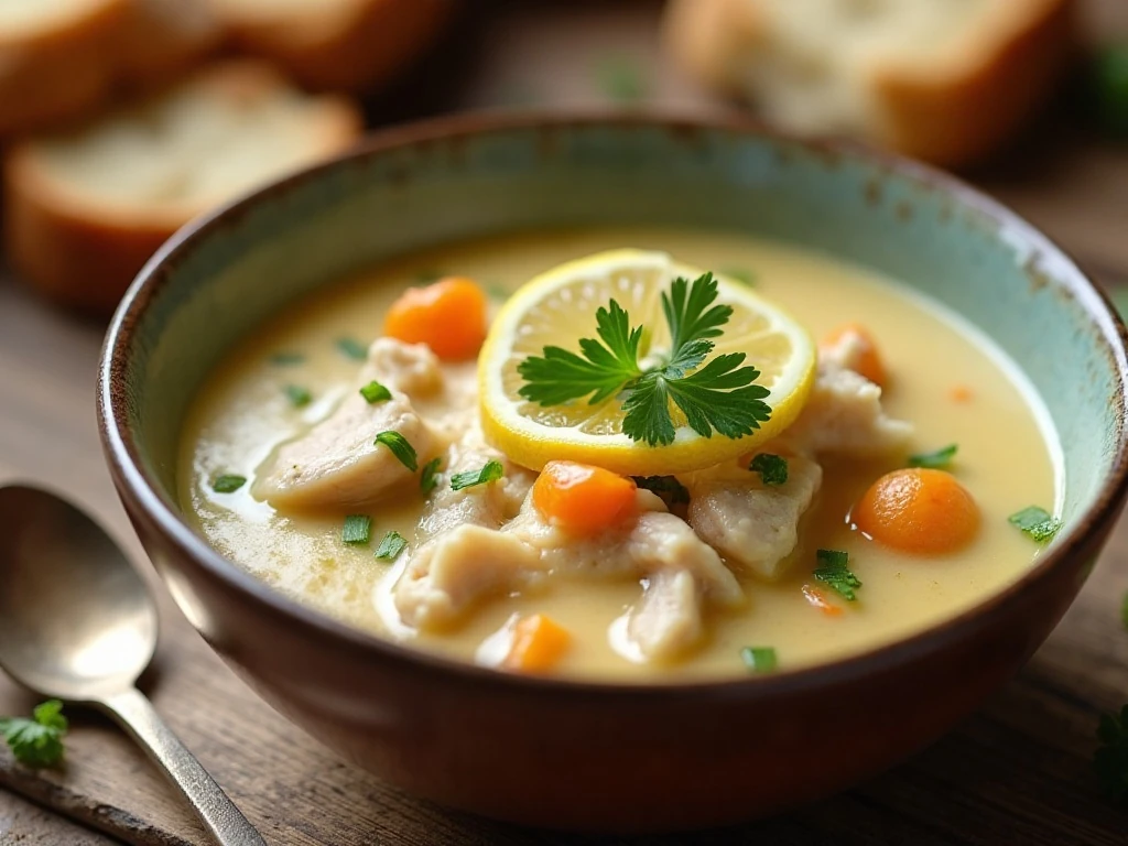 Chicken potato soup garnished with parsley and lemon
