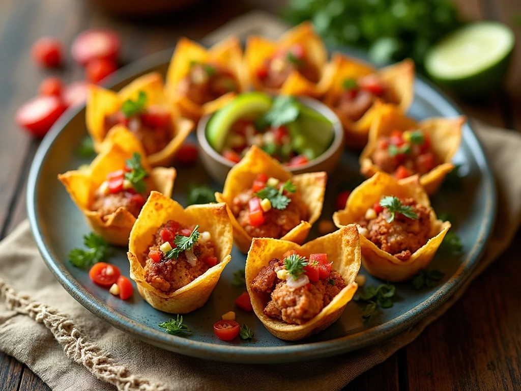 Crispy chicken taco cups arranged on a serving platter