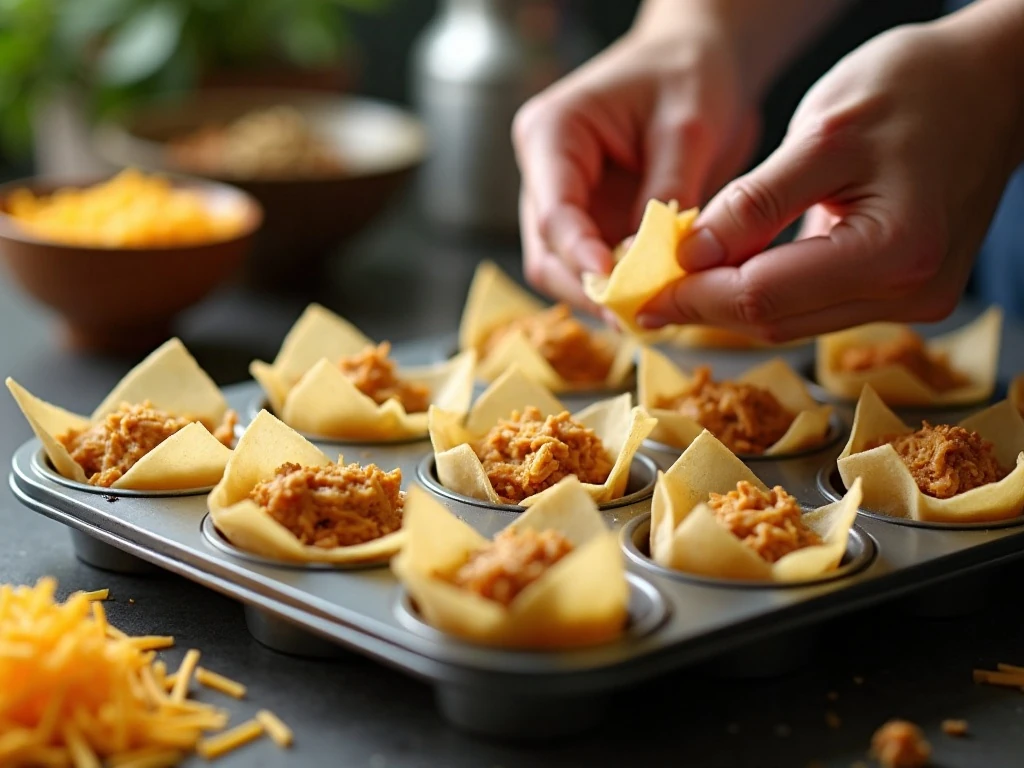 Filling wonton wrappers with seasoned chicken in a muffin tin