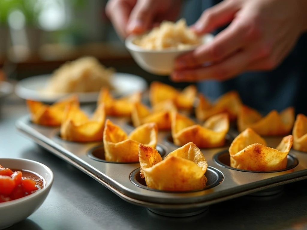 Golden wonton edges baking for crisp chicken taco cups