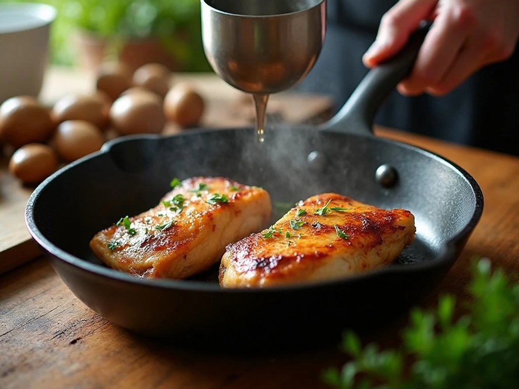 Chicken thighs searing skin-side down in a skillet