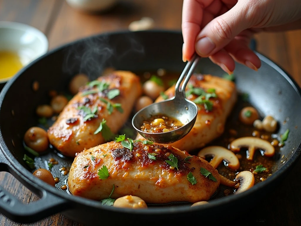 Mushrooms and herbs cooking in the browned chicken skillet