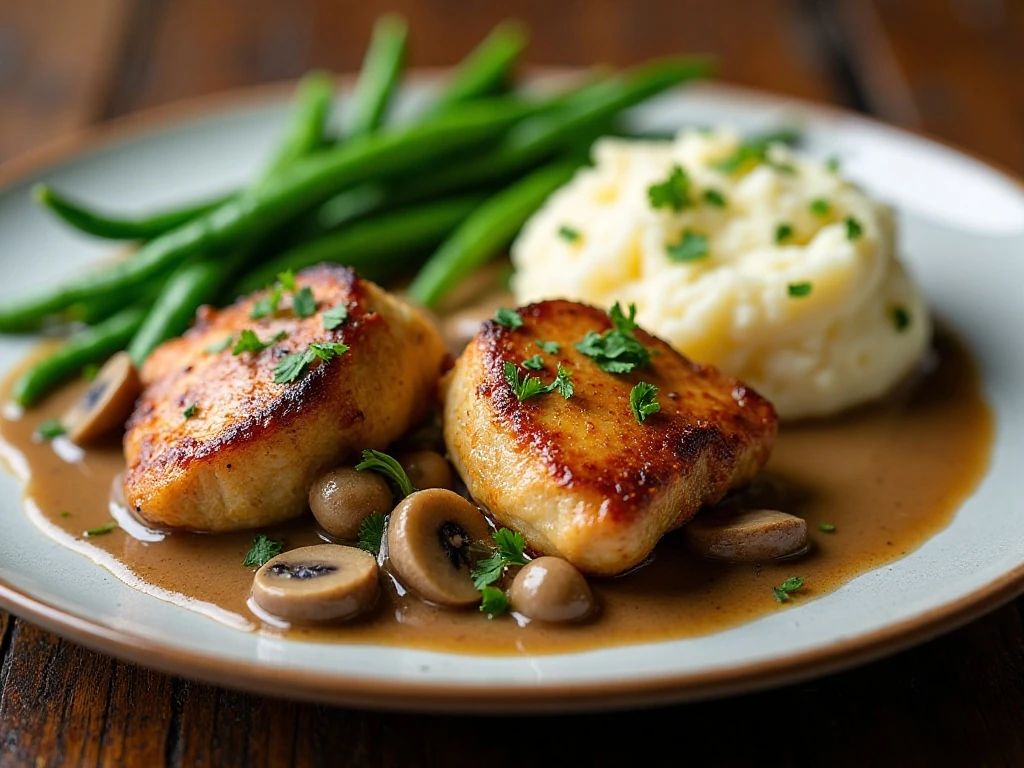 Crisp chicken thighs with mushroom herb sauce served with mashed potatoes and green beans
