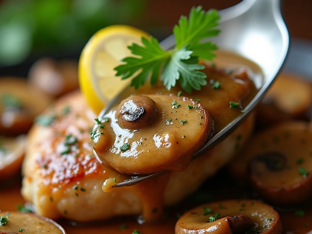 Close-up of glossy mushroom herb sauce and parsley on chicken thighs