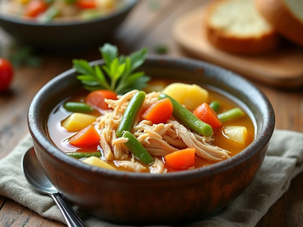 Bowl of easy chicken vegetable soup with tender chicken and colorful vegetables