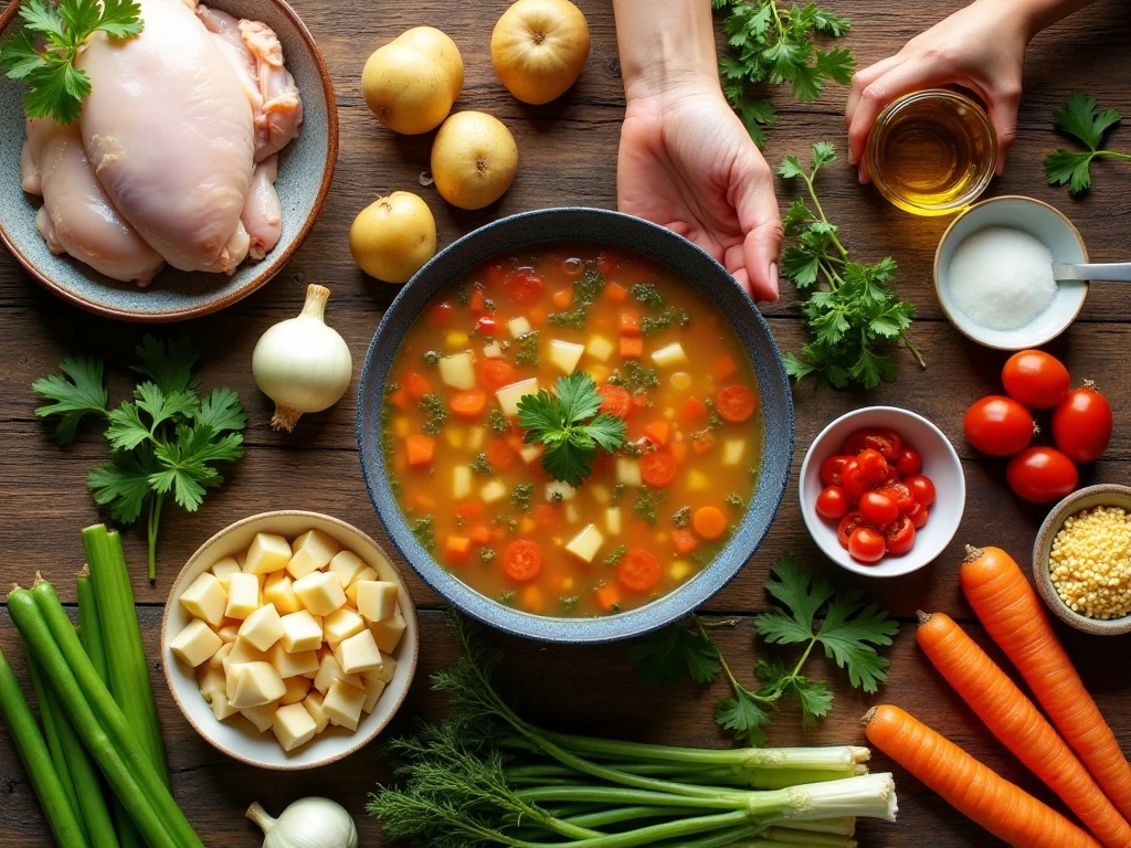 Ingredients for homemade chicken vegetable soup arranged for cooking