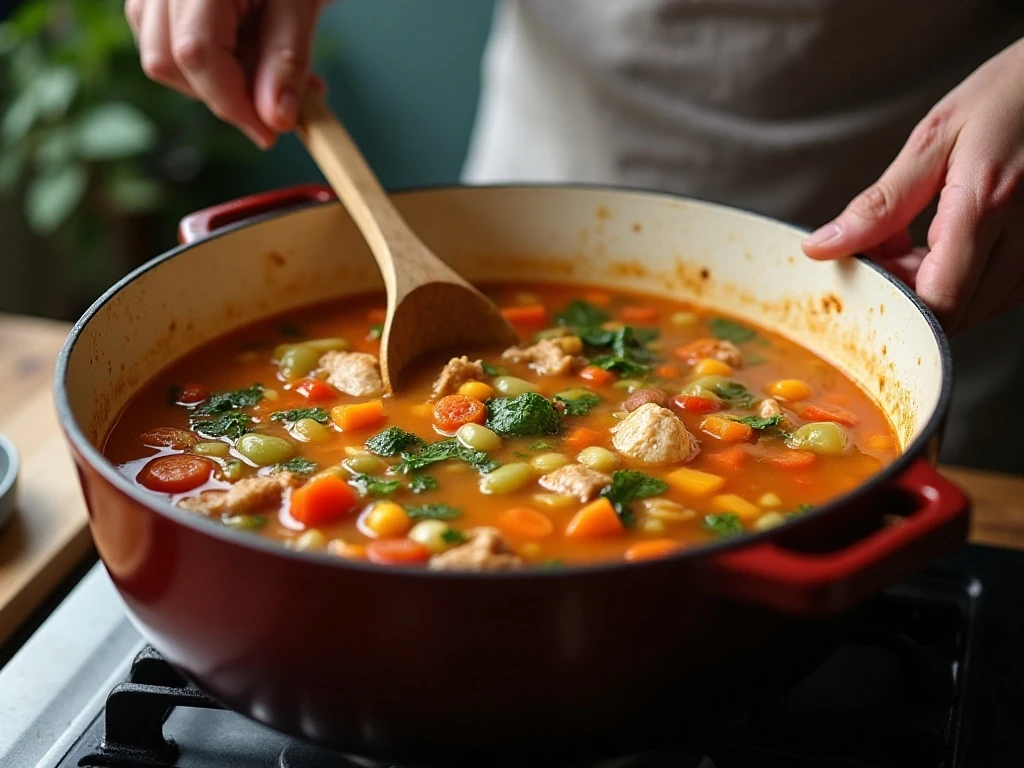 Chicken vegetable soup simmering in a Dutch oven during preparation