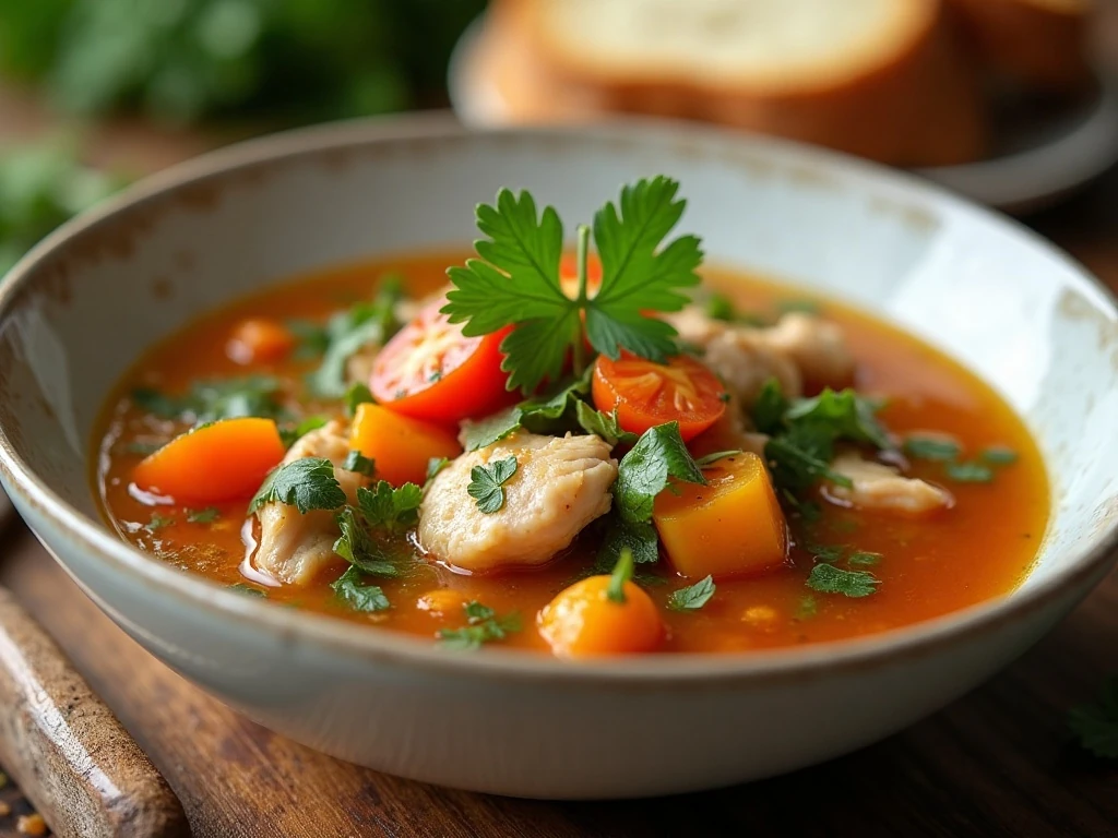 Chicken vegetable soup garnished with fresh parsley before serving