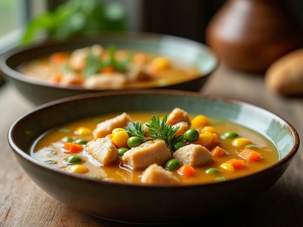 Chicken vegetable soup variations made with corn and peas