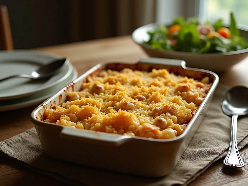 Creamy chicken wild rice casserole served for a cozy family dinner