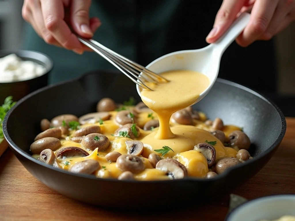 Preparing the creamy mushroom sauce for wild rice casserole