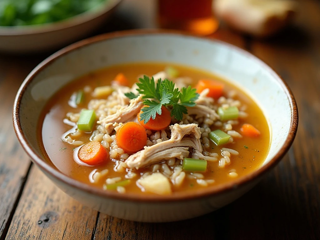 Bowl of healthy chicken wild rice soup with vegetables and tender chicken