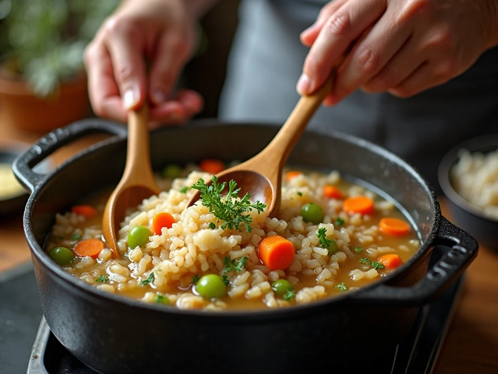 Vegetables and herbs being sautéed for chicken wild rice soup