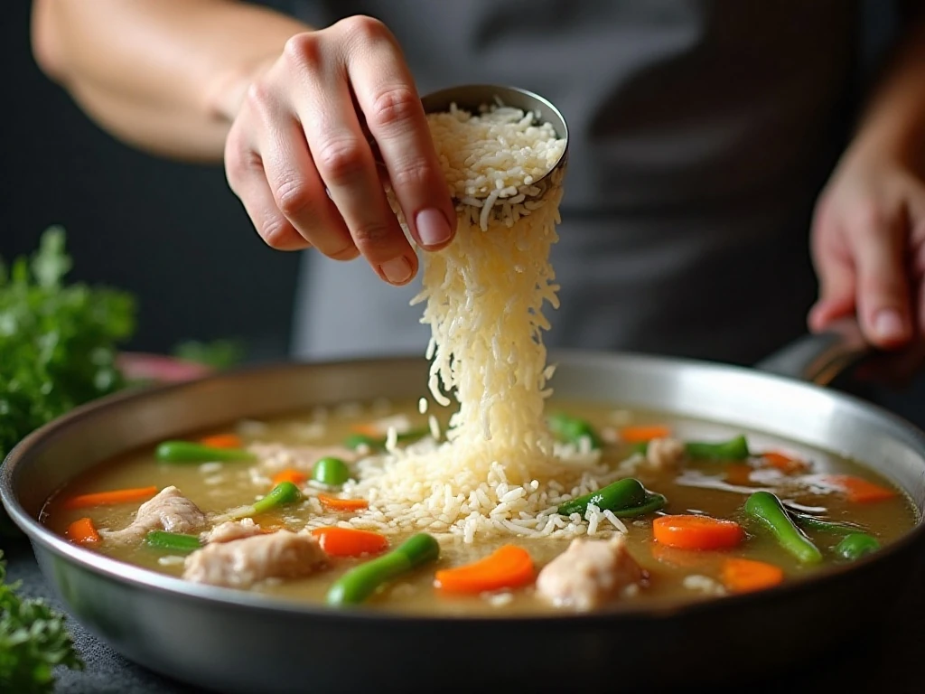 Rinsed wild rice added to broth for chicken soup