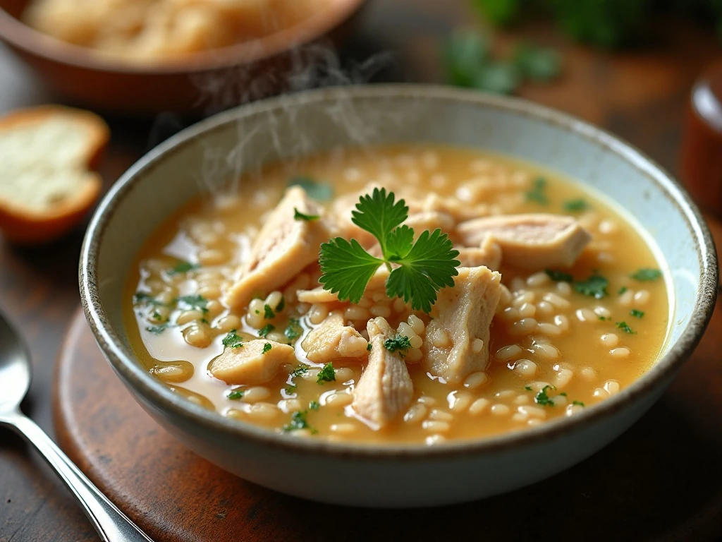 Chicken wild rice soup garnished with fresh parsley