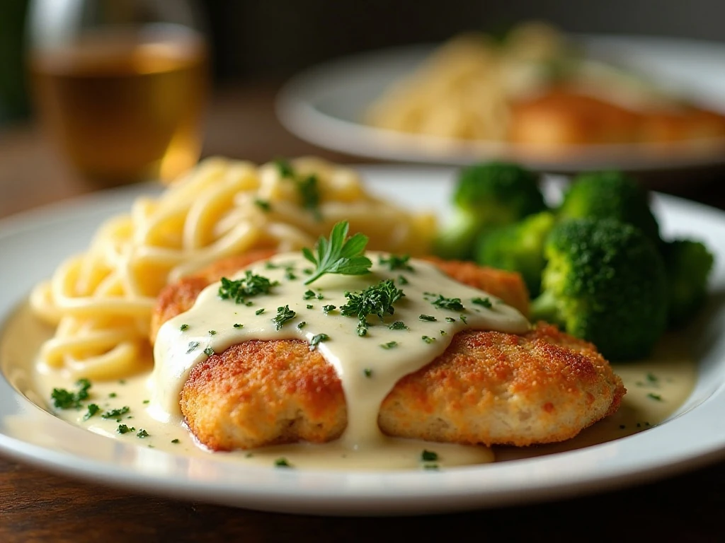 Creamy garlic chicken served with pasta and broccoli