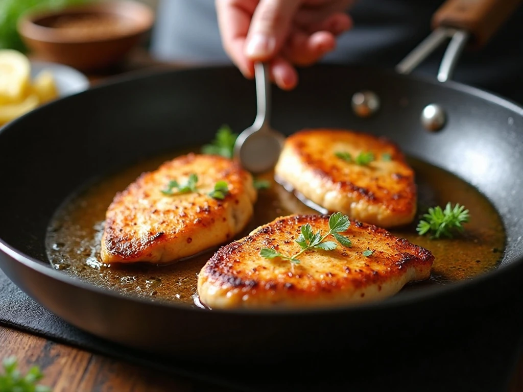 Chicken cutlets searing in a skillet for creamy garlic chicken