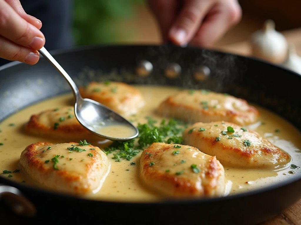 Gently simmering creamy garlic Parmesan sauce