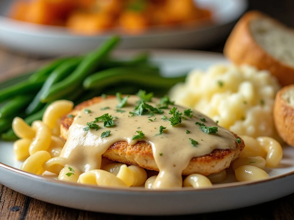 Creamy garlic chicken dinner with sides