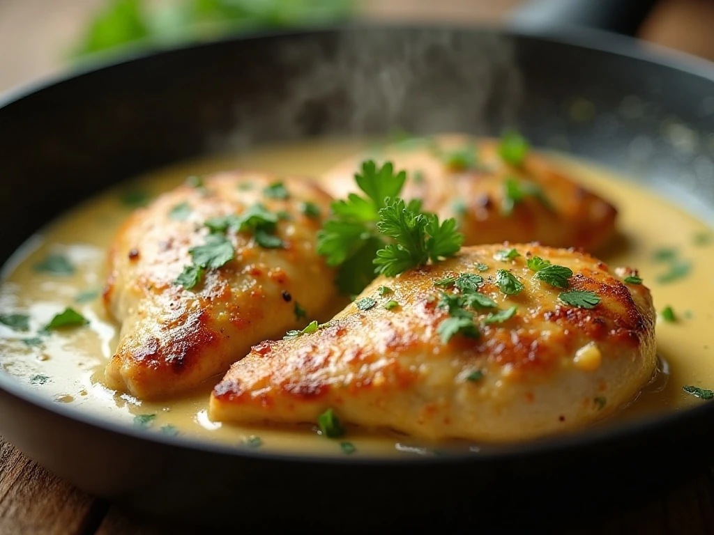 Reheated creamy garlic chicken with parsley