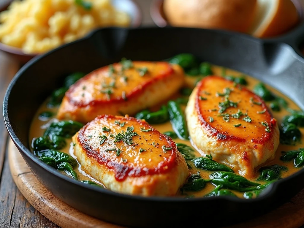 Chicken with sun-dried tomato sauce served in a skillet