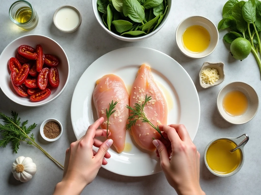 Ingredients for creamy chicken with sun-dried tomato sauce