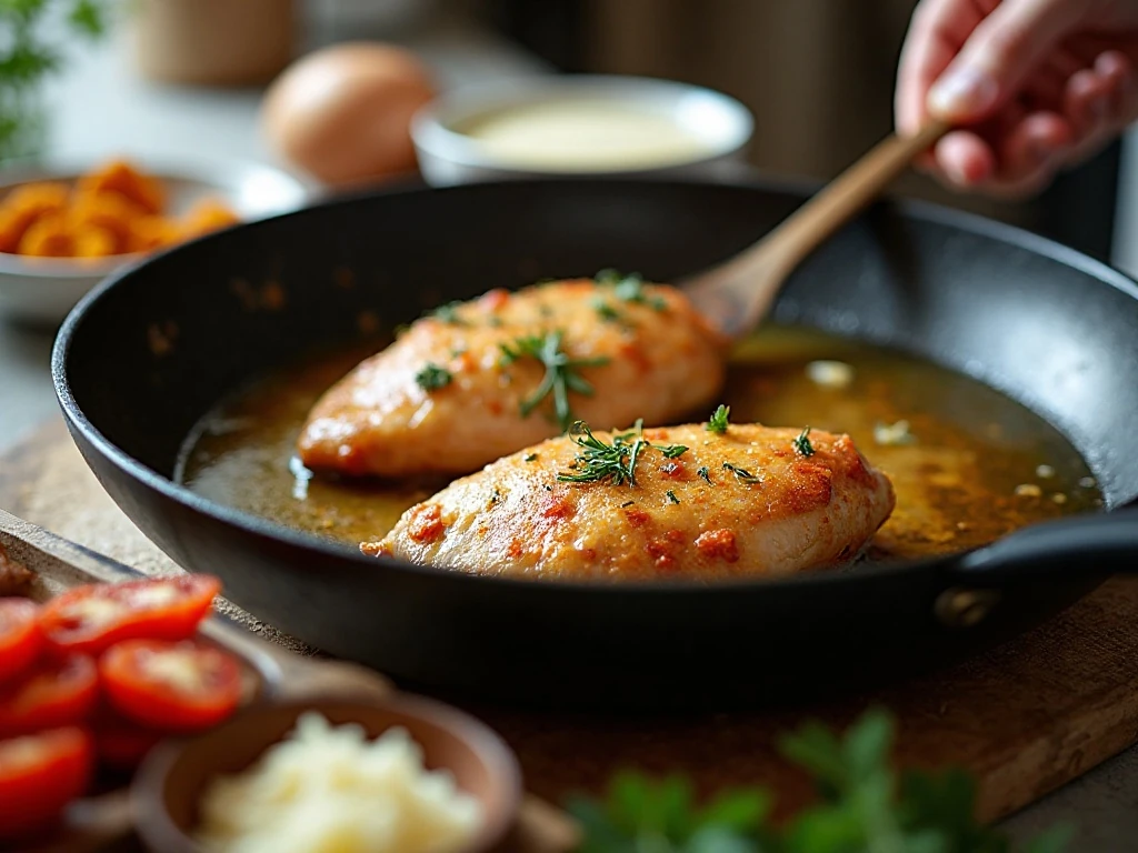 Chicken breasts searing for sun-dried tomato sauce