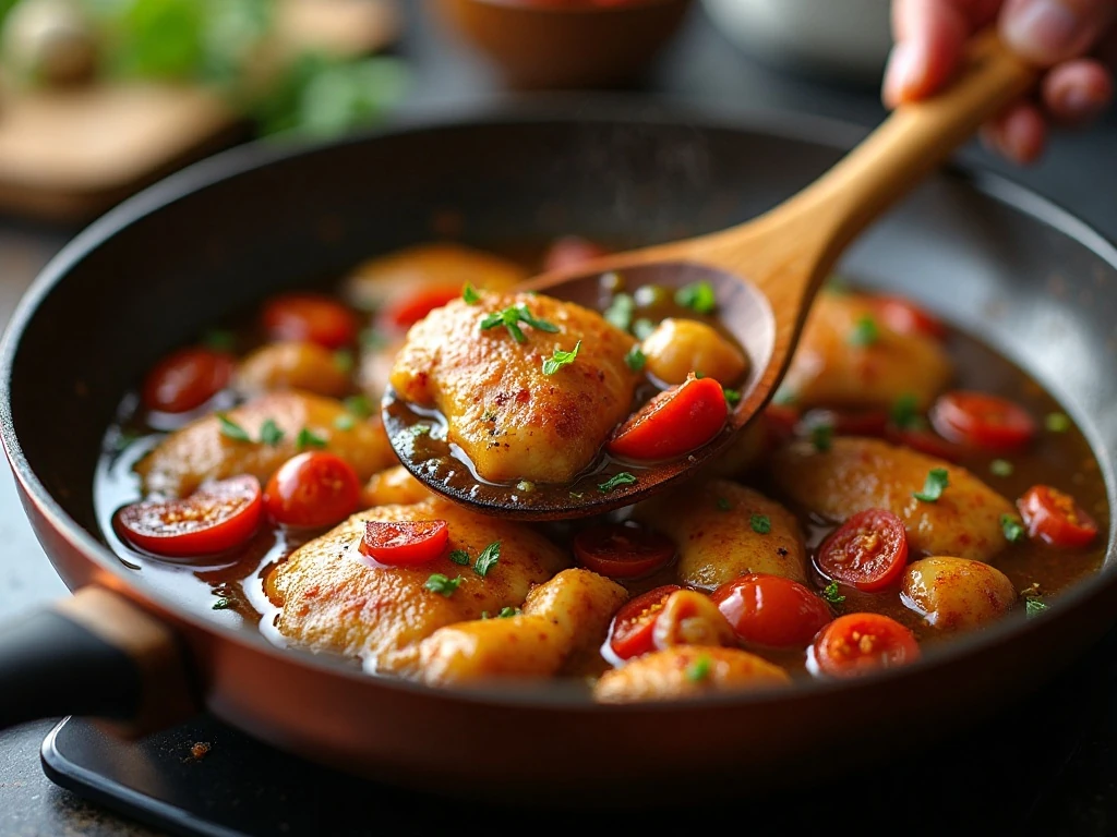 Scraping browned bits into the sun-dried tomato sauce
