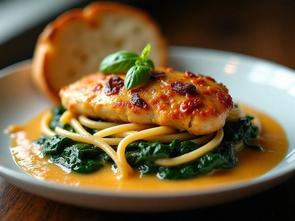 Creamy sun-dried tomato chicken served with pasta