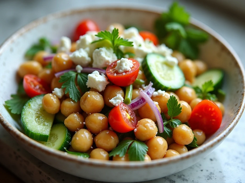 Fresh chickpea salad with feta, cucumber, tomatoes, parsley, and lemon dressing