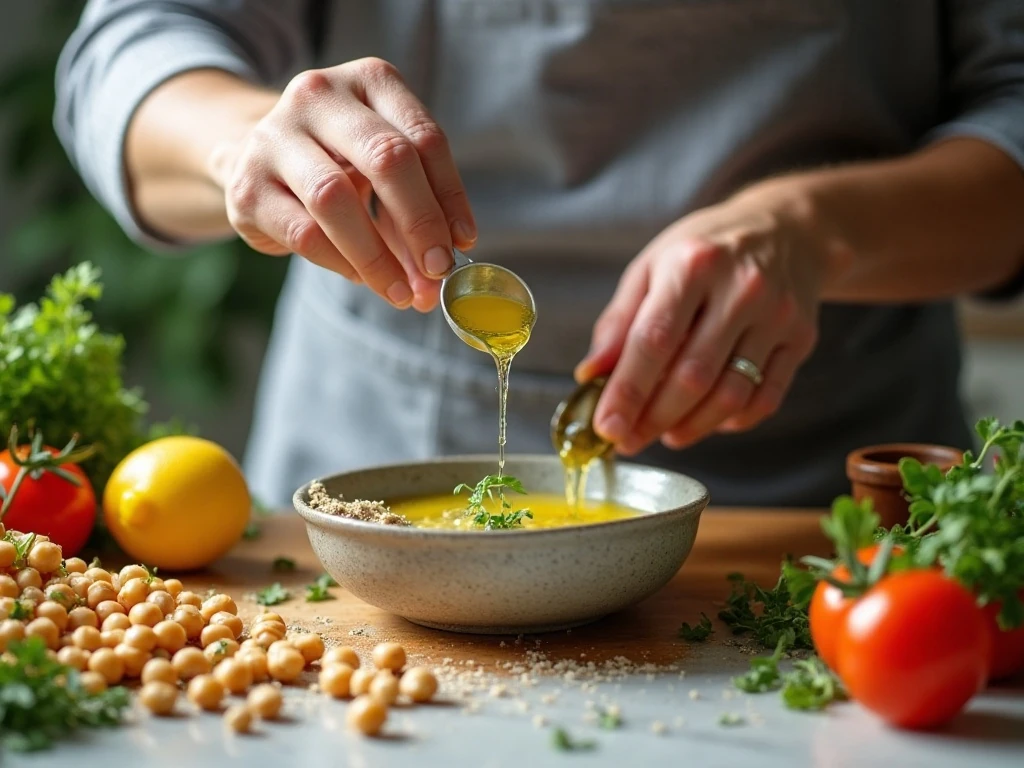Whisking lemon oregano dressing for chickpea salad