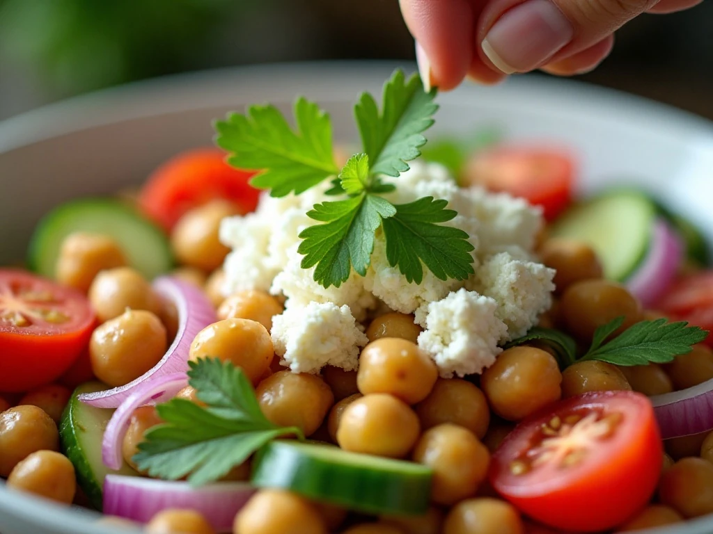 Feta and parsley finishing a Mediterranean chickpea salad