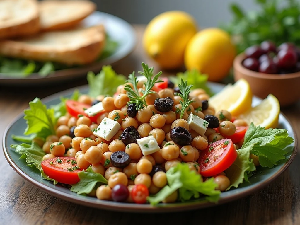 Chickpea feta salad served with pita and Mediterranean sides
